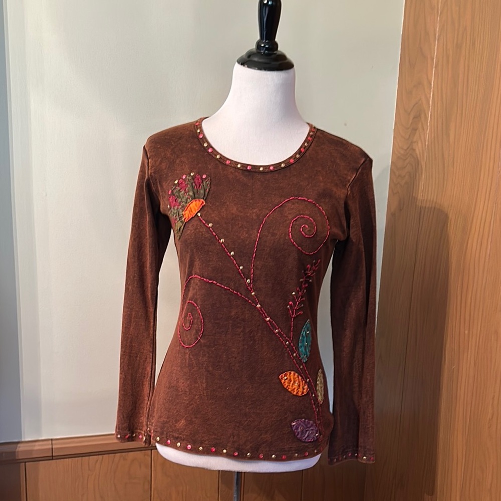 Embroidered Brown Long Sleeve Top